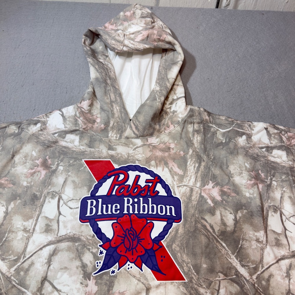 Pabst Blue Ribbon Hoodie Mens XL Tan Camo PBR‎ Rose Graphic Sweatshirt
